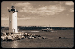 Tugboat Passes Portsmouth Harbor Lighthouse -Sepia Tone